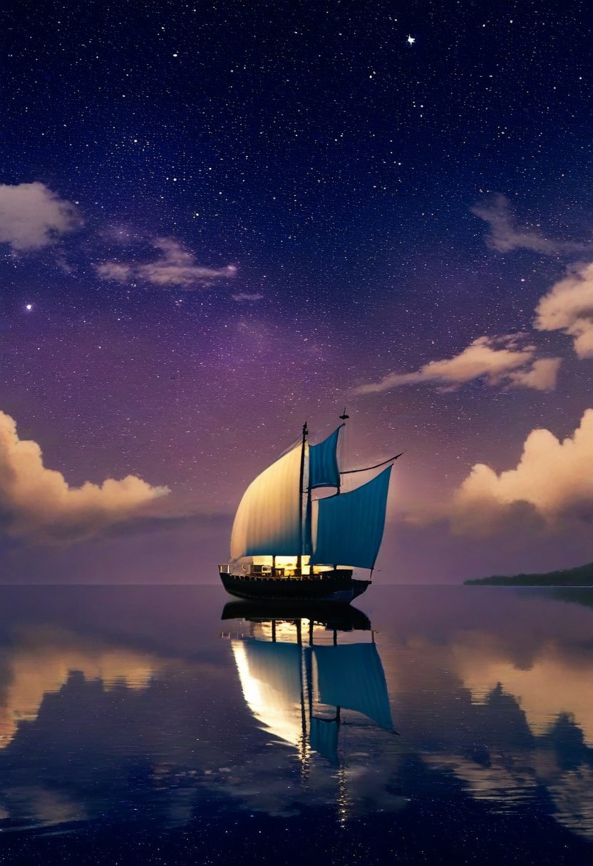 a middle shot of an wooden ship, dark sky, cloud, stars in sky, night, Sail, reflection,