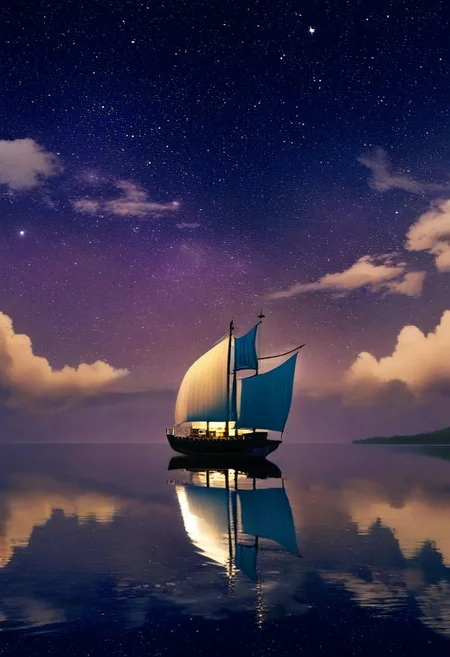 a middle shot of an wooden ship, dark sky, cloud, stars in sky, night, Sail, reflection,