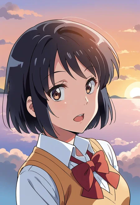 (masterpiece),mitsuha miyamizu,1girl, solo, looking at viewer, short hair, open mouth, shirt, black hair, bow, brown eyes, school uniform, white shirt, upper body, sky, cloud, bowtie, red bow, red bowtie, sweater vest, sunset, twilight