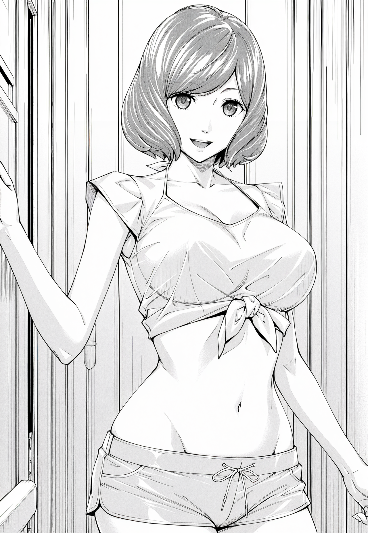 ultra-detailed,detailed face, score_9, score_8_up, score_7_up, source_anime,(extremely detailed CG), (best quality),masterpiece, best quality, very aesthetic, ery aesthetic, absurdres, stylized, newest, depth of field, HDR, high contrast, sharp focus, 8k resolution, digital art, greyscale, monochrome, 
1girl, monochrome, greyscale, solo, looking at viewer, short hair, rioli,
monochrome, greyscale, tied shirt, shorts, breasts, navel, midriff, short shorts, shirt, open mouth, large breasts, smile, short hair, 1girl,
 <lora:rioli:0.9>