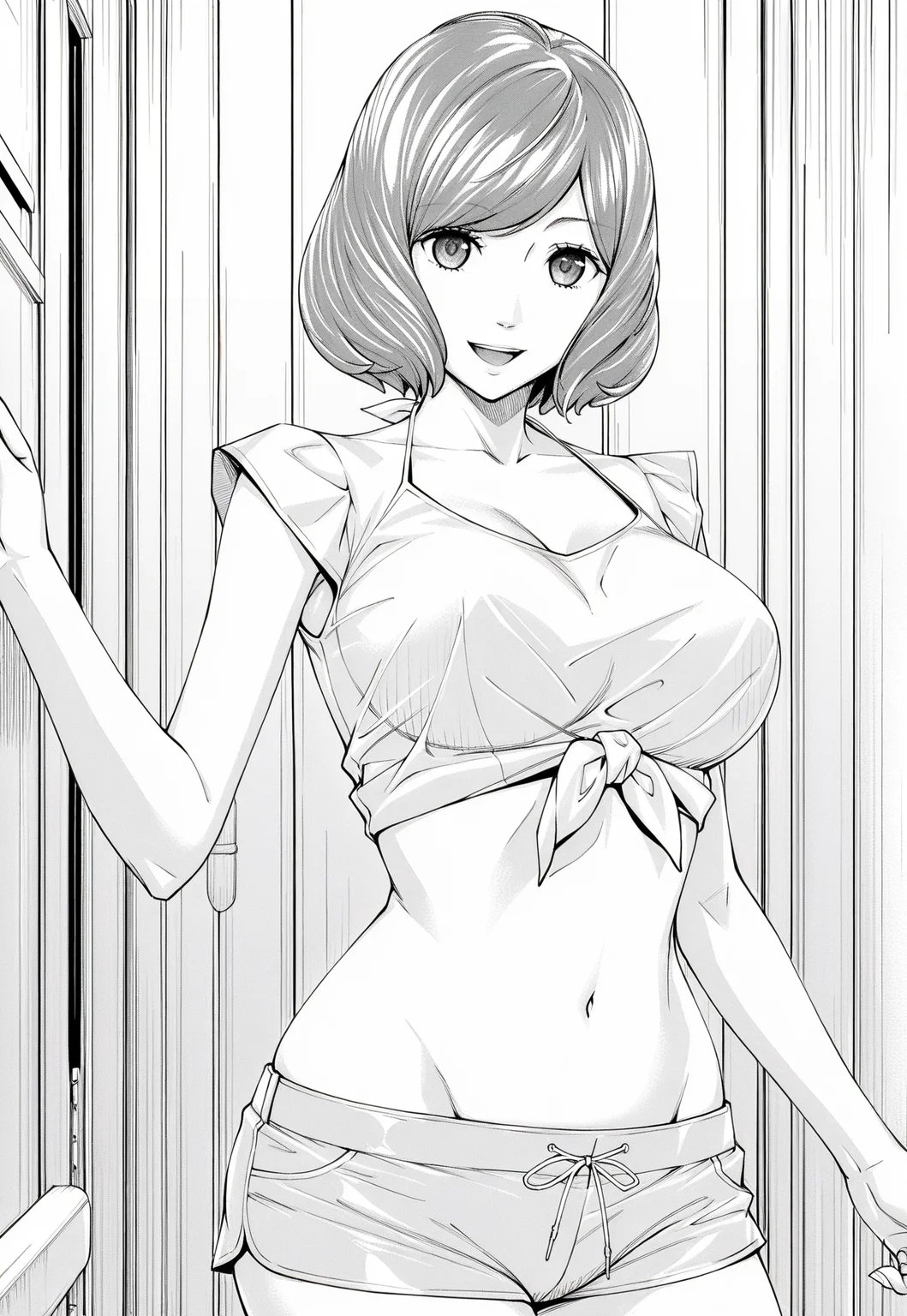 ultra-detailed,detailed face, score_9, score_8_up, score_7_up, source_anime,(extremely detailed CG), (best quality),masterpiece, best quality, very aesthetic, ery aesthetic, absurdres, stylized, newest, depth of field, HDR, high contrast, sharp focus, 8k resolution, digital art, greyscale, monochrome, 
1girl, monochrome, greyscale, solo, looking at viewer, short hair, rioli,
monochrome, greyscale, tied shirt, shorts, breasts, navel, midriff, short shorts, shirt, open mouth, large breasts, smile, short hair, 1girl,
 <lora:rioli:0.9>