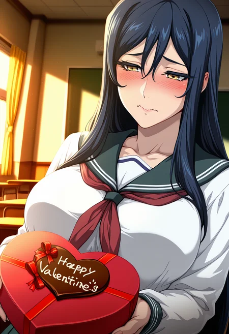 best quality, masterpiece, anime_screencap, hi res, best_quality, very aesthetic, absurdres, 8k, Vsfjy, 1girl, hair between eyes, yellow_eyes, long_eyelashes, blue_hair,
glamorous, slender, voluptuous,
large breasts, lipstick,
embarrassed, wavy_mouth, 
school_uniform, serafuku, skirt, ribbon, presenting, chocolate, valentine, valentine's_day, happy_valentine, fantasy, beautiful lighting, ray traced, dim lighting, indoors, school, classroom