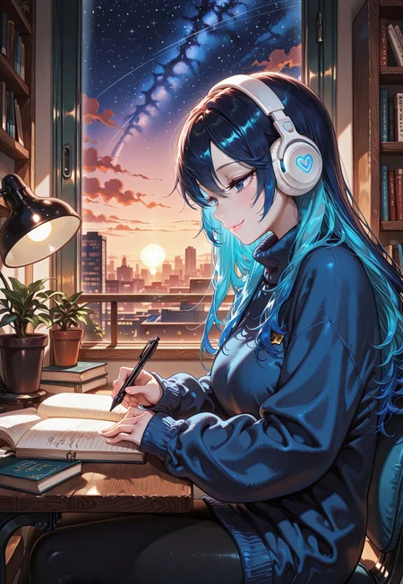 1girl, masterpiece,best quality,amazing quality,animated, masterpiece,best quality, long blue hair, multicolored hair, hair out of eyes, no bangs, details in the eyes, small waist, shiny eyes, long eyelashes, pale skin, faint smile, small smile, loose hair, cerulean blue sweater, baggy sweater, (long hair:1.4), white room, leggings, bedroom, big white headphones, studying, lofi, sitting, view from side, window in the background, cluttered desk, thinking, textbook, notebook, potted plant, golden hour, sunset, cityscape, deskchair,
(Smooth Embeddings:1) beautiful aesthetic, very intricate, high quality details, vibrant, highly detailed, award-winning, professional,
<lora:LofiGirl_Style_IXL:0.25> , zzLofi, sitting, side view, large wooden table, chair, book, bookshelf, holding, holding pen, lamp, night, open book, pen, plant, potted plant, sky, star (sky), starry sky, window, windowsill, writing,
<lora:hand 4:1>, <lora:Hand_Details_XL:1> , detailed hands, <lora:HandFixer_pdxl_Incrs_v1:0.5> , handfixer,