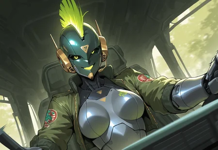 robot joints, proud, medium breasts, metal body with green lines, green punk hair, mohawk, smug grin, cropped flight jacket, open jacket, headset, black sclera, in the style of ckjs, looking at viewer, 1girl, solo, (robot face:1.4), sitting in starfighter cockpit, from below, lush alien landscape, strange alien flora, two-tone hair, from angle, canopy, window, outdoors, excited, action, open mouth, motion blur, gray cockpit