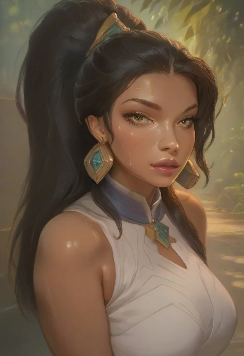 (score_9, score_8_up, score_7_up), score_6_up, best quality, masterpiece, extreme detail, perfect lighting, 4k, 2d, rating_explicit, nsfw, very detailed, best quality, highly detailed texture, depth of field, masterpiece, BREAK, 1girl, ChelXLP, chel, majestic,beautiful bright pupils, black hair, ((ponytail)),green earrings, cute face, (gorgeous face:1.3), (skin detail:1.3), (shadows:1.3), (sweat, steamy, oily, shiny:1.3), ((( long hair, large breasts,perfect body, thick thighs,
earrings,jewelry,white dress,sleeveless,bracer,
fantasy, solo focus,epic, concept art, realistic, highly detailed, upper body, looking at viewer ))), looking at the viewer, detailed, intricate details, realistic,((( top view))), tan skin,cowboy shot,csr style,g4n1m3,Sculpted grace