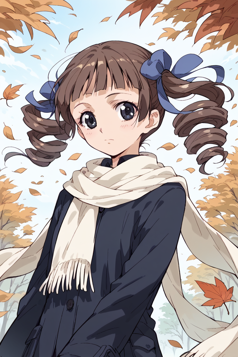 score_9, score_8_up, score_7_up, score_6_up,
 <lora:Touko_Matsudaira:1> touko, 1girl, solo, scarf, drill hair, twin drills, oekaki, brown hair, twintails, wind, black eyes, leaf, white scarf