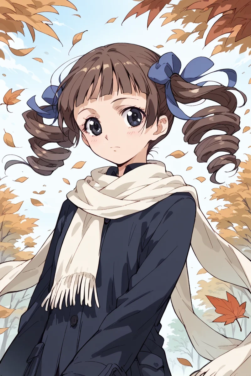 score_9, score_8_up, score_7_up, score_6_up,
 <lora:Touko_Matsudaira:1> touko, 1girl, solo, scarf, drill hair, twin drills, oekaki, brown hair, twintails, wind, black eyes, leaf, white scarf