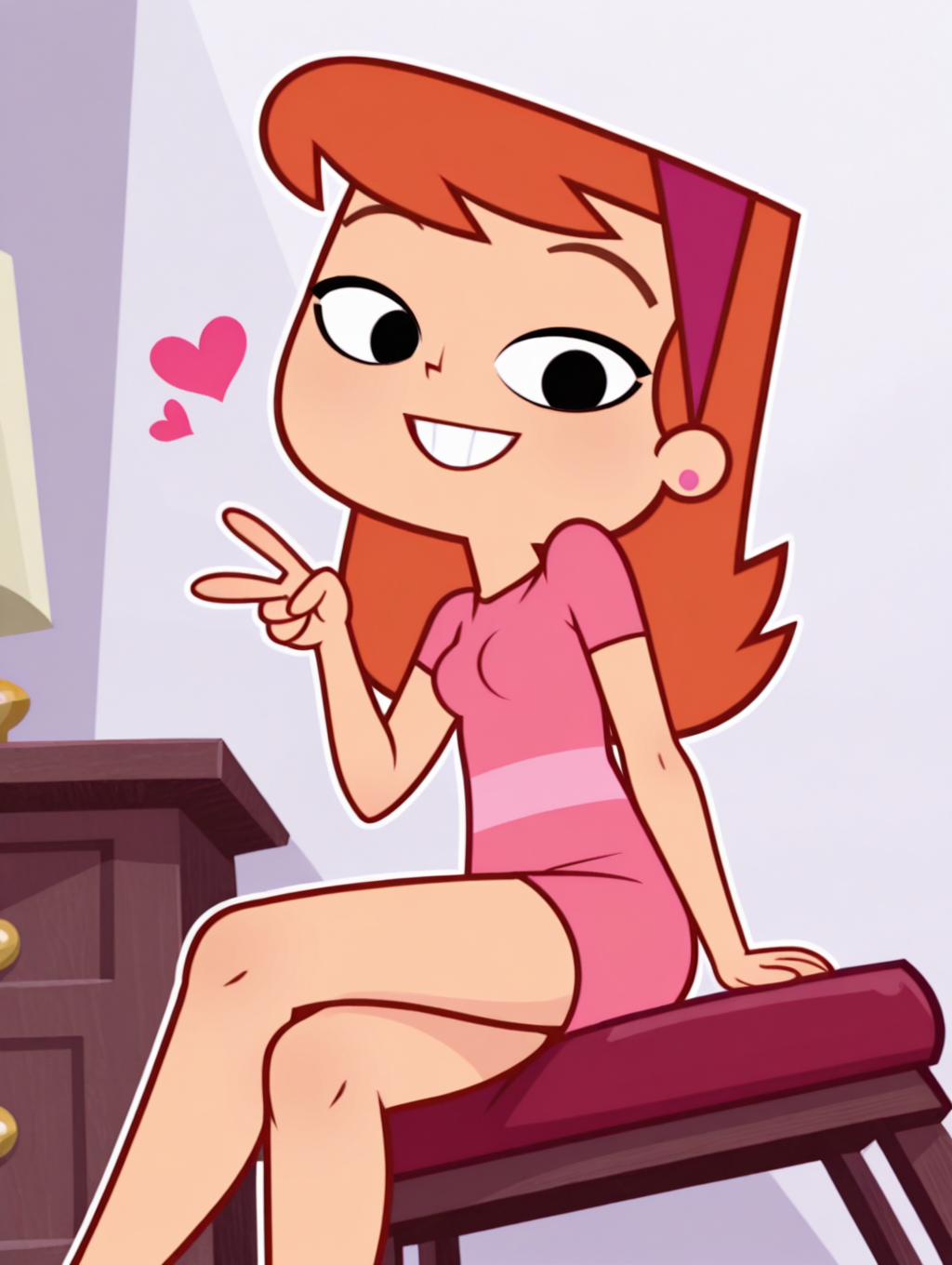 VanaGlamaZYN, 1girl, solo, hairband, dress, black eyes, jewelry, earrings, pink dress, orange hair, standing, long hair, breasts, cowboy shot, looking at viewer, beautiful, ((beautiful face, beautiful eyes)), (smile, dutch angle,naughty pose, cute, sitting, crossed legs, open mouth, :d, grin, looking at viewer, heart, petite, v, indoors, elegant room, solo, dynamic pose, full_body, head tilt,),((white background, White frame, white outline)),from direct beiow,(((from below:1.5))),