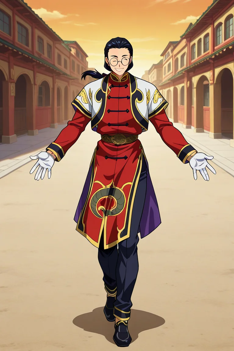 frieezastance, outstretched arms, open hands, legs together, 1boy, solo, rwongpsytkt, black hair, low ponytail, closed eyes, glasses, round eyewear, open jacket, chinese clothes, long sleeves, gloves, belt, pants, shoes, outdoors, walking, smile, full body,