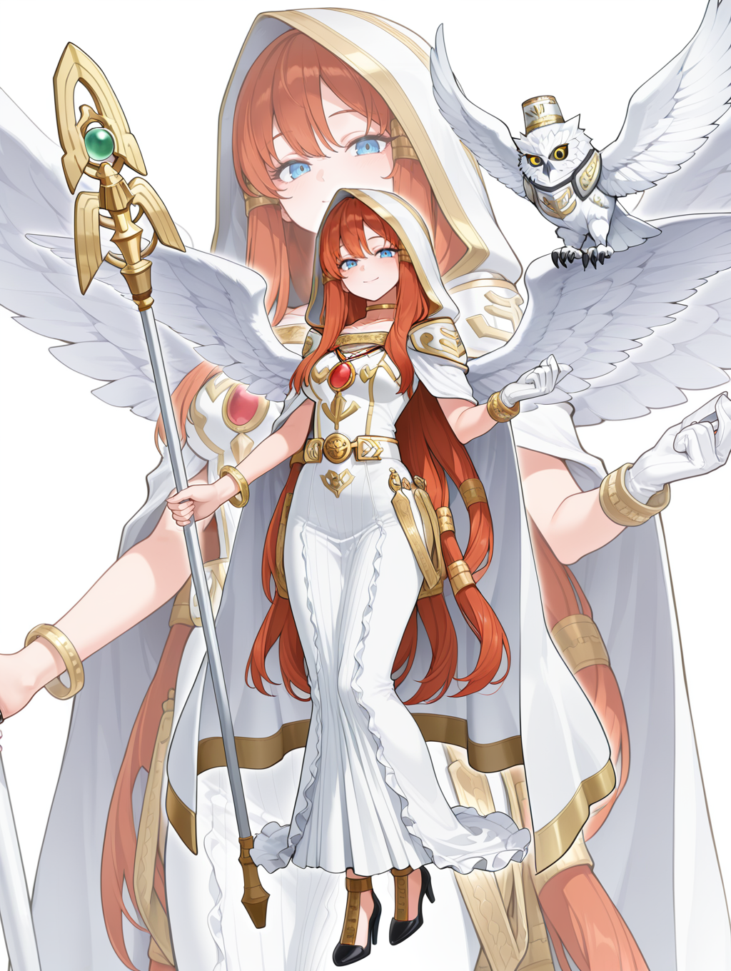 minerva - the exalted lightsworn,1girl,1other,white owl,solo,smile,black high heels,staff,holding staff,angel wings,gold choker,white cape,white long dress,single white glove,hood up,white hood,gold bracelet,zoom layer,red jewelry,spread wings,
masterpiece,best quality,amazing quality,very aesthetic,absurdres,newest,<lora:Minerva, the Exalted Lightsworn illuXL v1.1:0.75>,