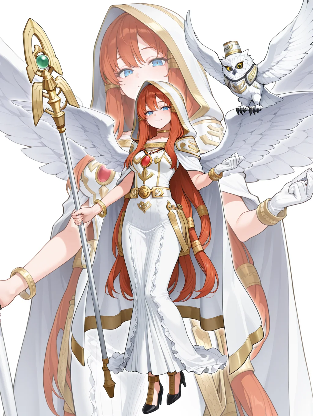 minerva - the exalted lightsworn,1girl,1other,white owl,solo,smile,black high heels,staff,holding staff,angel wings,gold choker,white cape,white long dress,single white glove,hood up,white hood,gold bracelet,zoom layer,red jewelry,spread wings,
masterpiece,best quality,amazing quality,very aesthetic,absurdres,newest,<lora:Minerva, the Exalted Lightsworn illuXL v1.1:0.75>,