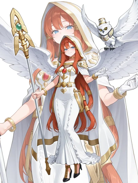 minerva - the exalted lightsworn,1girl,1other,white owl,solo,smile,black high heels,staff,holding staff,angel wings,gold choker,white cape,white long dress,single white glove,hood up,white hood,gold bracelet,zoom layer,red jewelry,spread wings,
masterpiece,best quality,amazing quality,very aesthetic,absurdres,newest,<lora:Minerva, the Exalted Lightsworn illuXL v1.1:0.75>,