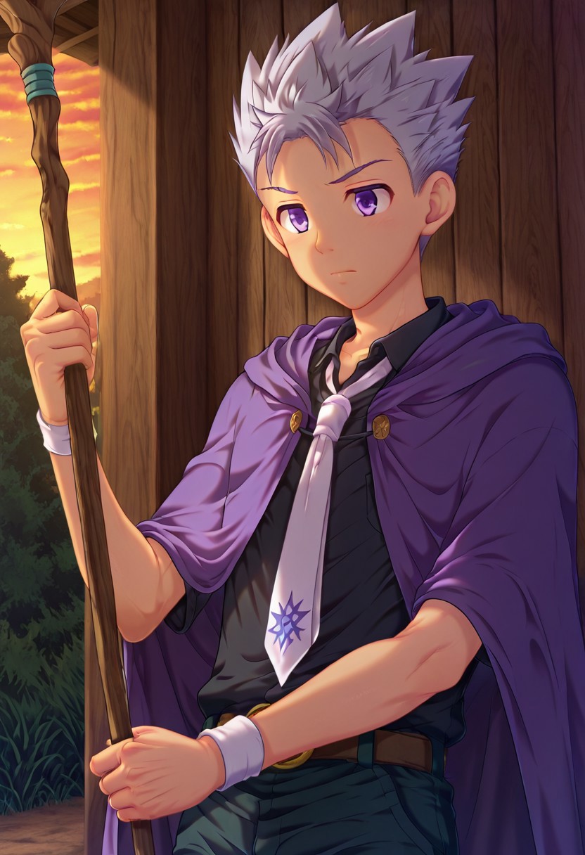 shizuki_takeyo, grey hair, light purple eyes, short hair, spiked hair, teen, young male, 1boy, solo, male focus, large blue wizard hat with white band, long purple cloak with jagged dark yellow trim, black shirt and white tie, tall wooden staff topped with a diamond, perfect hands, perfect eyes, highly detailed, cinematic style, dramatic lighting, detailed draw, detailed eyes, high quality, best quality, high definition
