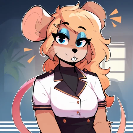 score_9_up, score_8_up, score_7_up, score_6_up, furry female, half-length portrait, by remanedur, ela novabay, female, furry, mouse, blue eyes, blue eyeshadow, blonde hair, long hair, tail, white gloves, headwear, (headgear), high heels, gesture, (salute), looking looking at viewer, hairclip, white uniform, standing, (solo), three-quarter view, head tilt, <lora:Leah_Pines(AIM)_XL_v1:1>, <lora:PDXL_artist_tags_v2_big:0.8> <lora:The-Minuscule-Task_PDXL_v1.0:0.8> <lora:Ela_Novabay_WirelessShiba:0.15>