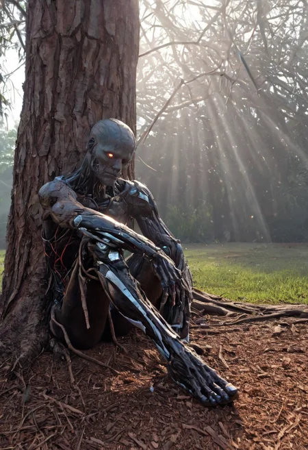 an image of a sad cyborg sitting underneath a dead_tree, despair, tragic, darkness, melancholy, loneliness, atmospheric, cinematic, spectacular, sweat particles at the lens glass, best quality, masterpiece, surreal, science fiction, futuristic, dramatic, epic, colorful, vibrant, detailed lighting, highly dramatic cinematic lighting, ultimate detail level, color contrast