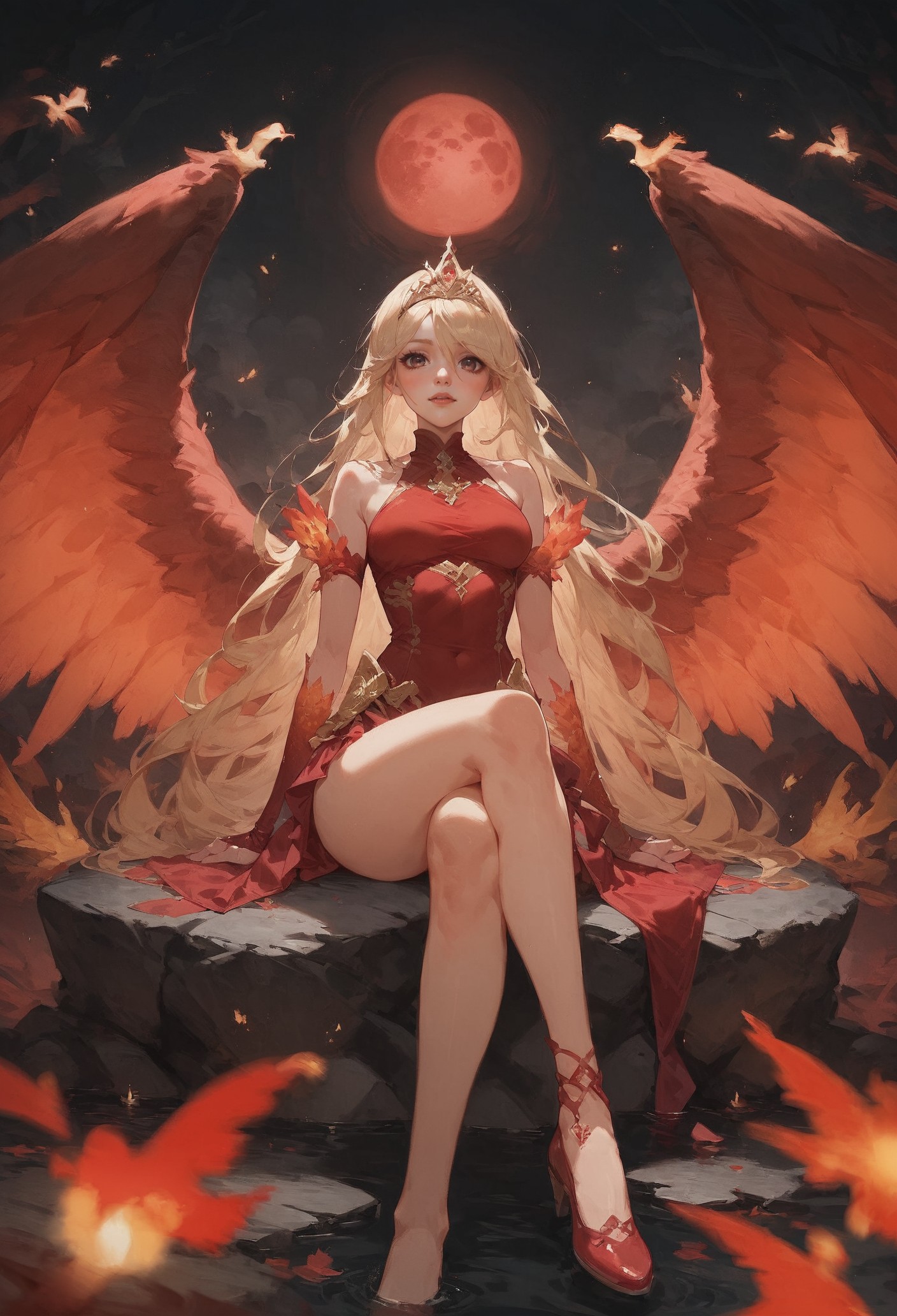 ASCII(score_9, score_8_up:1.1), score_7_up,   1girl, petite, blonde hair, long hair, phoenix wings, glossy red skirt, glossy red top, void forest, sitting on rock, crossed legs, red water, magical, golden tiara, blood moon, void, fire  <lora:Concept Art Eclipse Style LoRA_Pony XL v6:0.8>  <lora:Expressive_H-000001:0.8> expressiveh  <lora:sinfully_stylish_SDXL>