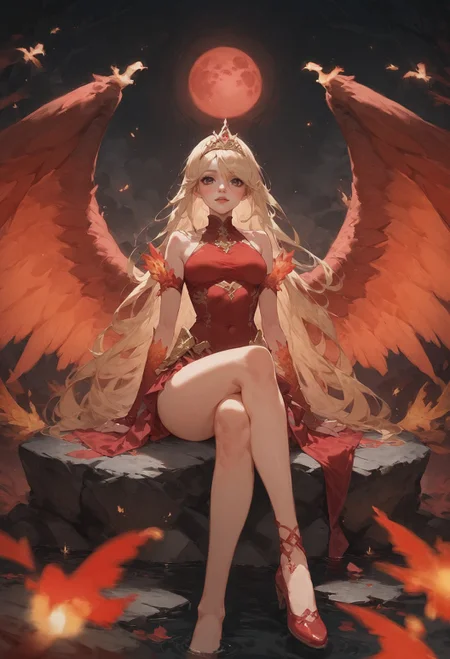 ASCII(score_9, score_8_up:1.1), score_7_up, 1girl, petite, blonde hair, long hair, phoenix wings, glossy red skirt, glossy red top, void forest, sitting on rock, crossed legs, red water, magical, golden tiara, blood moon, void, fire <lora:Concept Art Eclipse Style LoRA_Pony XL v6:0.8> <lora:Expressive_H-000001:0.8> expressiveh <lora:sinfully_stylish_SDXL>