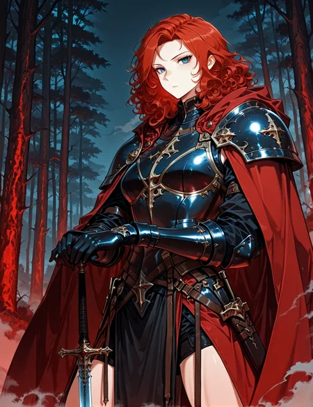 <lora:Alicia_Termina_Magentano__The_Greatest_Estate_Designer:1>
1 girl, solo, red hair, blue eyes, medium hair, curly hair
armor, red cape, black shoulder armor, black pauldrons, black gauntlets, black breastplate, sheath, sword
masterpiece, best quality,high quality, newest, highres,8K,HDR,absurdres, score_9, score_8_up, score_7_up, very aesthetic, source_anime, detailed, high quality, beautiful, masterpiece, detailed eyes, hands on hilt, looking at viewer, cowboy shot, legs apart, outdoors, night, red theme, fog, forest <lora:iLLMythG0thicL1nes:1>
