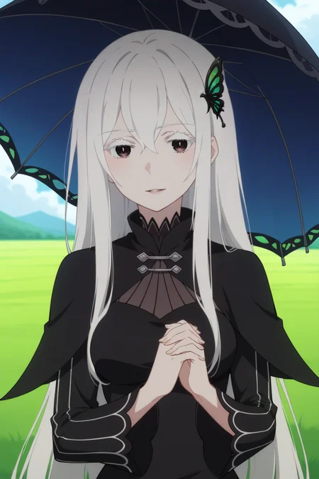 score_9, score_8_up, score_7_up, source_anime, 1girl, prefect lighting, very aesthetic, intricate details, highly detailed background, masterpiece, high quality, prefect hands, best quality, solo,
<lora:Echidna_ReZero_V1:.85>, KJOechidna, white hair, white eyelashes, thick eyelashes, hair between eyes, dark eyes, pale skin, very long hair,
original dress, black dress, butterfly hair ornament,
own hands together, seductive smile, parted lips, looking at viewer,
field, under umbrella, shade, hills,
(Beautiful, medium Breasts:1.2), natural breasts,