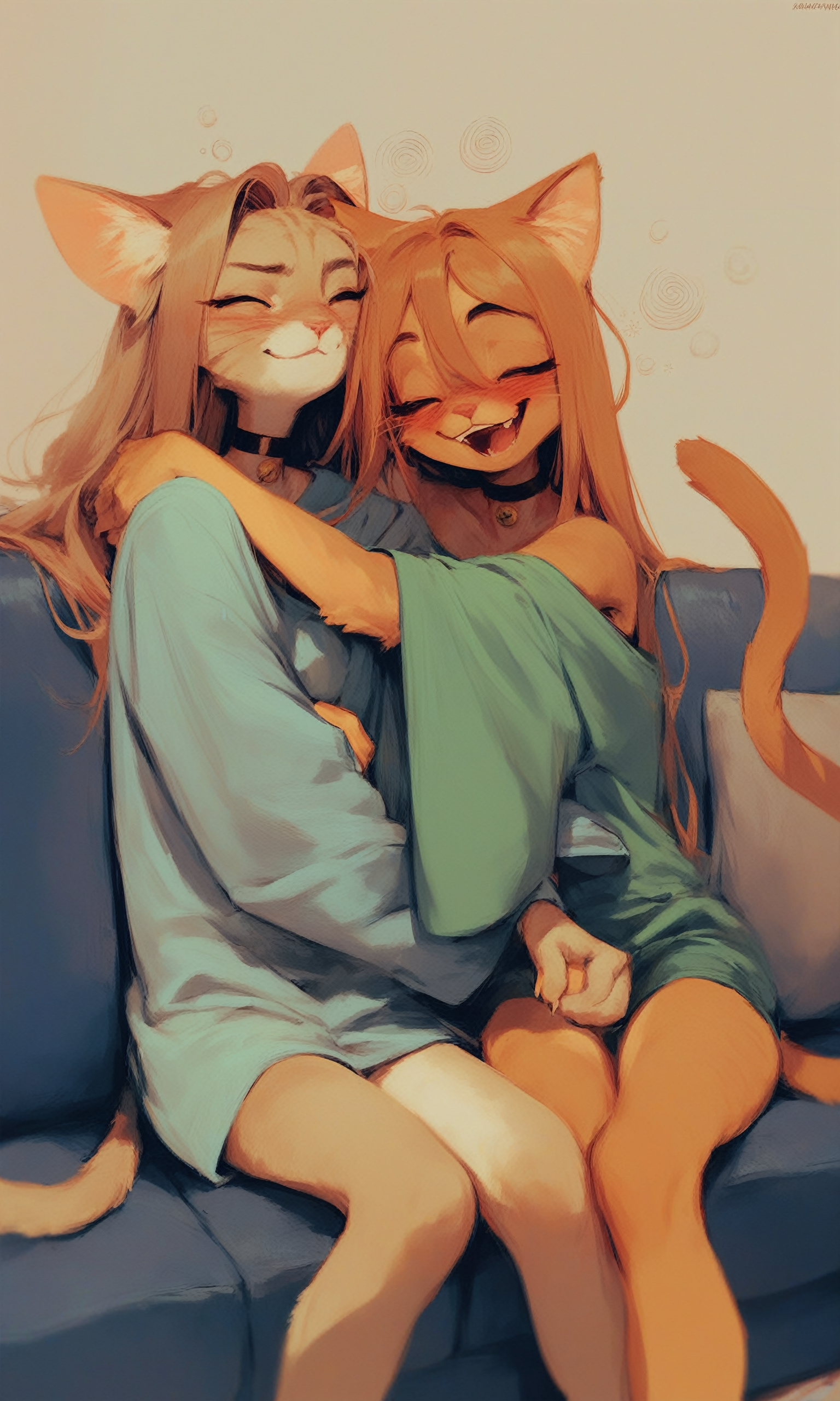 score_9, score_8_up, score_7_up, (cat girls), contemporary, anthro, skinny, date, drunk, sitting, duo, talking, couch, long hair, choker, oversized clothes, out of frame, alternate hairstyle, happy, hug,