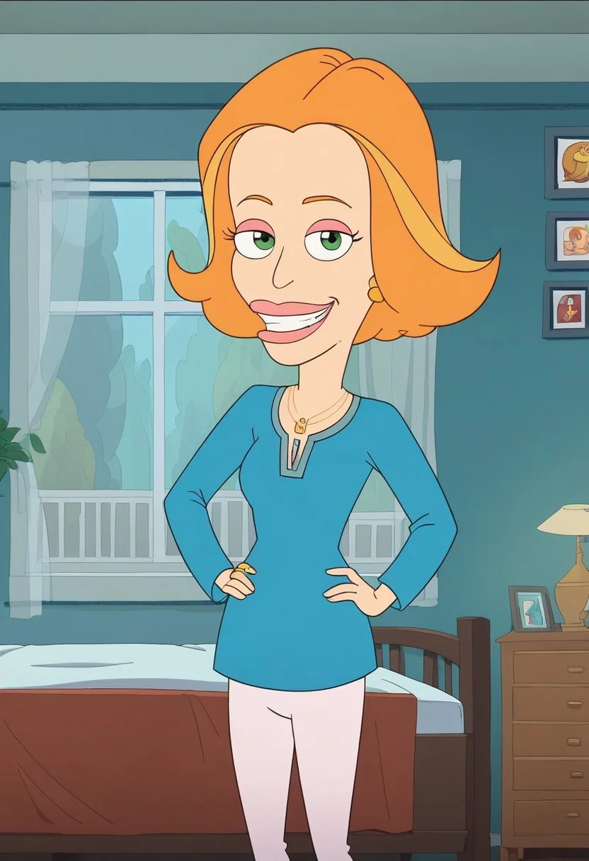 score_8, score_8_up, score_7_up, 1girl, solo, female focus, Diane_BM, light skin, green eyes, orange eyebrows, orange hair, short hair, pink lips, pink eyeshadow, blue shirt with v-neck, white skinny jeans, golden earrings, golden ring, golden necklace, yellow flat shoes, smile, standing, indoors, bed, bedroom, nightstand, lamp, window, looking at the viewer, hands on hips