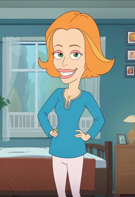 score_8, score_8_up, score_7_up, 1girl, solo, female focus, Diane_BM, light skin, green eyes, orange eyebrows, orange hair, short hair, pink lips, pink eyeshadow, blue shirt with v-neck, white skinny jeans, golden earrings, golden ring, golden necklace, yellow flat shoes, smile, standing, indoors, bed, bedroom, nightstand, lamp, window, looking at the viewer, hands on hips