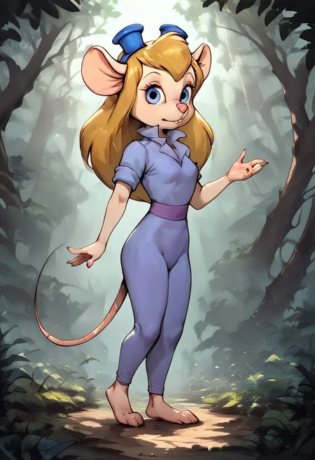 zPDXL2, score_9, score_8_up, score_7_up, highly detailed fur, score_6_up, Cartoon, detailed background, 4k, ultra detailed, hi_res, full body view, 1girl, Gadget Hackwrench mouse, blond hair, mouse girl, mouse, anthro mouse, mouse feet, mouse tail, 4 fingers on each hand, 4 toes on each foot, detailed face, white sclera, shiny blue iris, highly detailed, one tail, big eyes, front view