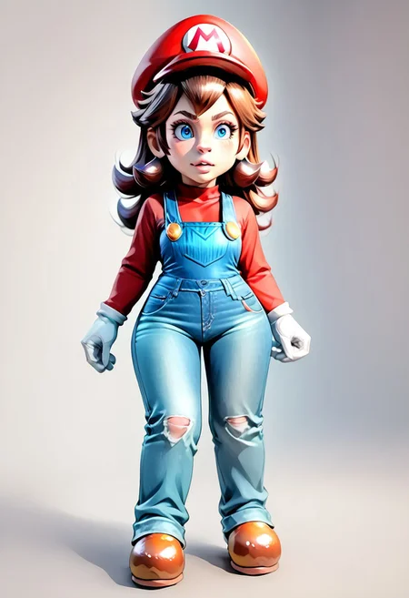 <lora:MtF_Genderswap:1>, genderswap \(mtf\), Mario, facing forward, mario hat, adult woman, extremely large nose, extremely bulbous nose, very wide face, circular head shape, wide chin, wide jawline, brown hair, lightly curly hair, blue eyes, average bust, wide hips, denim coveralls, red shirt, fully clothed, zPDXL, score_9, score_8_up, score_7_up, score_6_up, score_5_up, score_4_up,
full body render, full body, photorealistic image, realistic image, high quality, detailed face, realistic human proportions, detailed clothes,