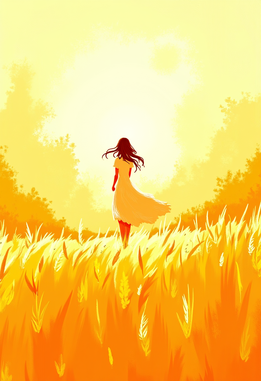 An abstract drawing depicting a womans silhouette, a suggestion of movement and form rather than precise detail. She traverses a boundless field, rendered as swirling gradients of gold, yellow, and orange â a vibrant, textural expanse evoking the feeling of tall wheat swaying in a breeze. The light source, implied from behind, casts her in a luminous, undefined glow. Lines are fluid and interwoven, suggesting long, flowing hair and a white dress, more feeling than fabric. The overall mood is one of energetic movement and boundless space, a dynamic interplay of color and line conveying a sense of vibrant life and freedom. Sharp edges are eschewed in favor of blurred transitions and layered textures, embracing a purely emotive visual experience. ,<lora:flux/fav/Dark_whimsical_art.safetensors:1.0:1.0>