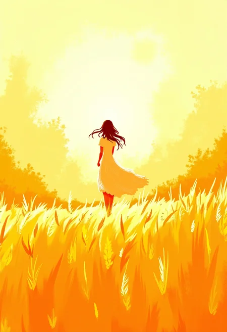 An abstract drawing depicting a womans silhouette, a suggestion of movement and form rather than precise detail. She traverses a boundless field, rendered as swirling gradients of gold, yellow, and orange â a vibrant, textural expanse evoking the feeling of tall wheat swaying in a breeze. The light source, implied from behind, casts her in a luminous, undefined glow. Lines are fluid and interwoven, suggesting long, flowing hair and a white dress, more feeling than fabric. The overall mood is one of energetic movement and boundless space, a dynamic interplay of color and line conveying a sense of vibrant life and freedom. Sharp edges are eschewed in favor of blurred transitions and layered textures, embracing a purely emotive visual experience. ,<lora:flux/fav/Dark_whimsical_art.safetensors:1.0:1.0>