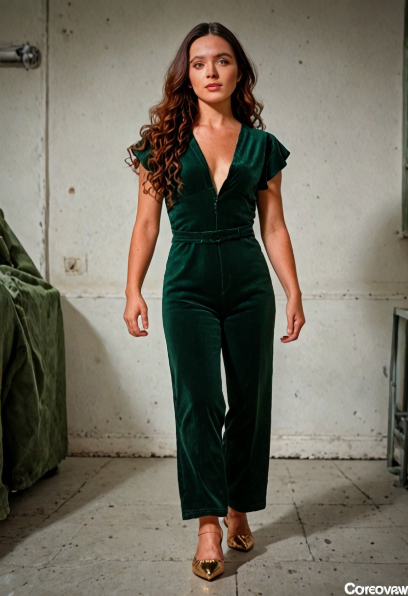 Brunette woman, slim, round ass, long brown wavy hair with dark auburn highlights, medium tits, wearing a dark green corduroy V-Neck Short-sleeved jumpsuit. Walking through the Place de la Concorde in Paris. Stylish, pretty, confident, gold scrappy fashion shoes,