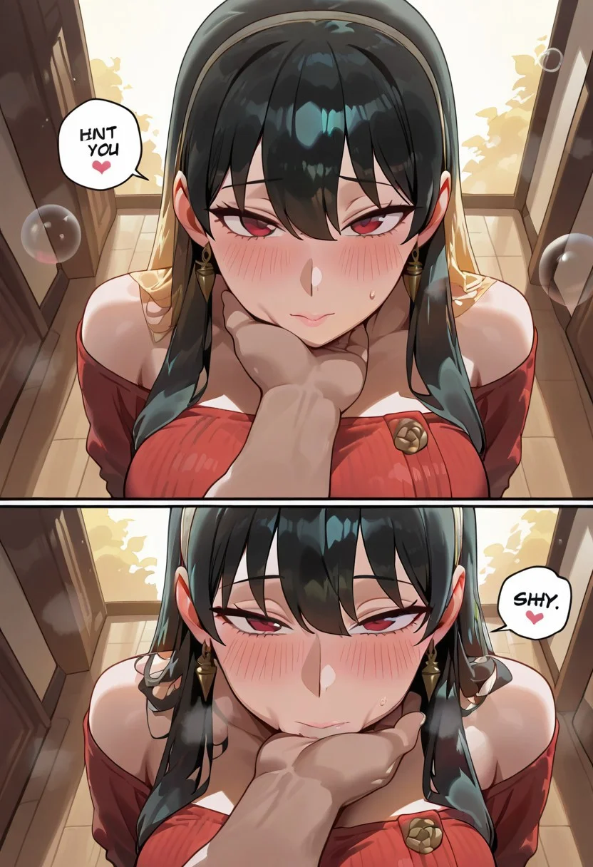masterpiece,best quality,amazing quality, 1 woman, large breasts, yor briar, hair down, loid forger, 1 handsome man, shy female, blush, bubble speech, multi views, hentai comic, comic panel, black hair, blond hair, intimate, kissing hand, looking at the viewer, pov, male pov
