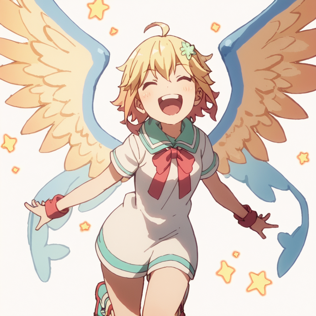 score_9, score_8_up, score_7_up, score_6_up, score_5_up, score_4_up, source_anime,  Tapris_DO, wings, dynamic pose, happy, multicolor hair, blond hair