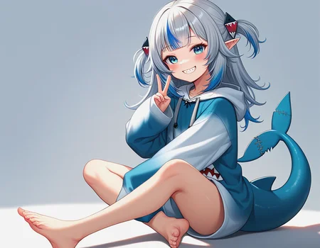 (score_9, score_8_up, score_7_up, score_6_up, score_5_up, score_4_up),gawr_gura_hololive,1girl,animal_hood,barefoot,between_legs,blue_eyes,blue_hair,blue_hoodie,blunt_bangs,blush,choppy_bangs,fins,fish_tail,full_body,grey_hair,grin,hair_ornament,hand_between_legs,hood,hood_down,hoodie,long_hair,long_sleeves,looking_at_viewer,multicolored_hair,no_pants,seiza,shadow,shark_hair_ornament,shark_hood,shark_tail,simple_background,sitting,sleeves_past_wrists,smile,solo,streaked_hair,tail,two_side_up,v_arms,virtual_youtuber,white_background,wide_sleeves,<lora:gawr-gura-hololive-xl:1>,