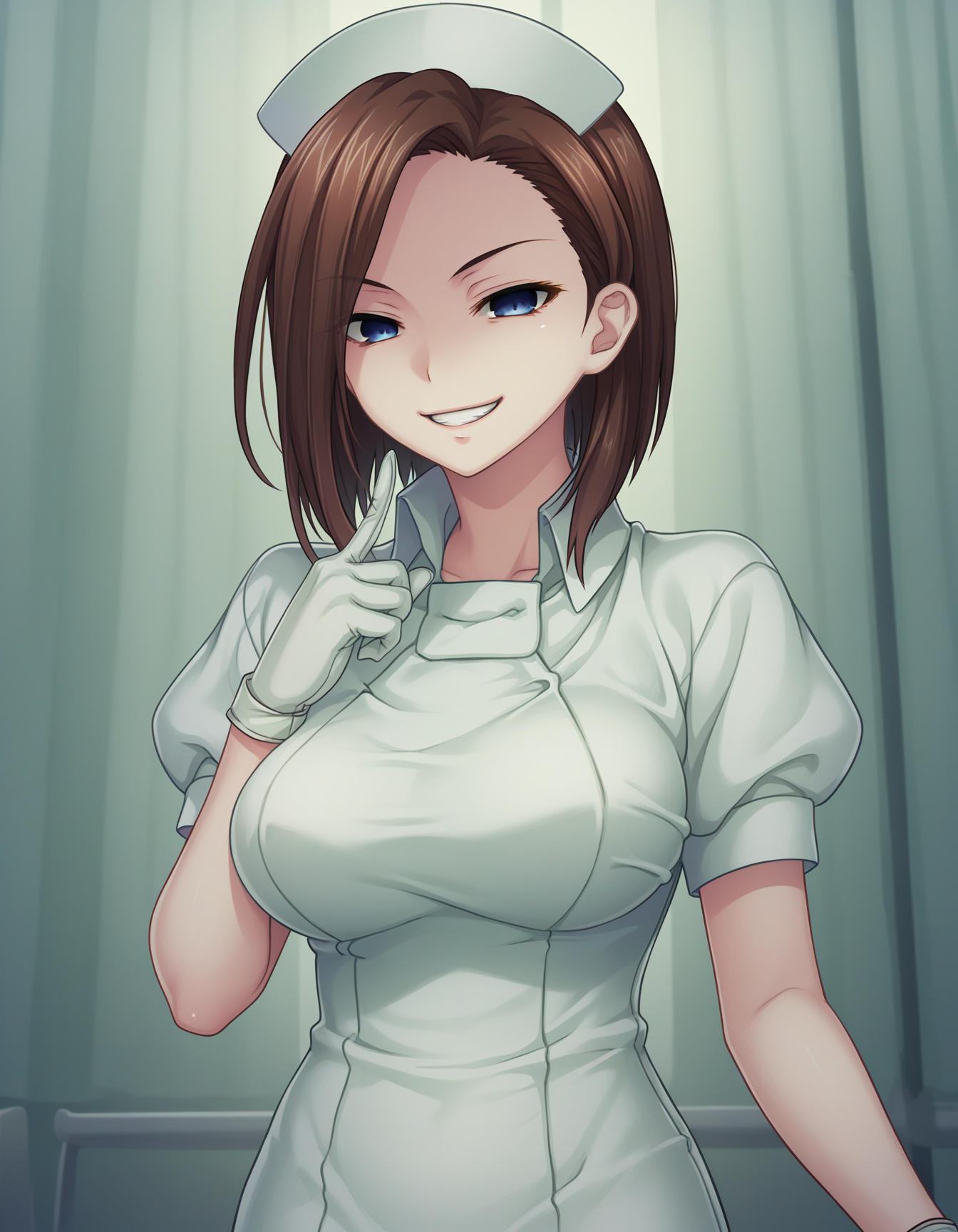 score_9, score_8_up, score_7_up BREAK 1girl, Numajiri, brown hair, medium hair, parted bangs, blue eyes, grin, narrowed eyes, light smile, raised index finger, nurse, nurse cap, short sleeves, gloves, cowboy shot, dark theme, low light <lora:numajiri_sb_pdxl_v1:0.8>