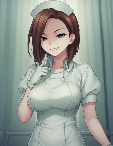 score_9, score_8_up, score_7_up BREAK 1girl, Numajiri, brown hair, medium hair, parted bangs, blue eyes, grin, narrowed eyes, light smile, raised index finger, nurse, nurse cap, short sleeves, gloves, cowboy shot, dark theme, low light <lora:numajiri_sb_pdxl_v1:0.8>