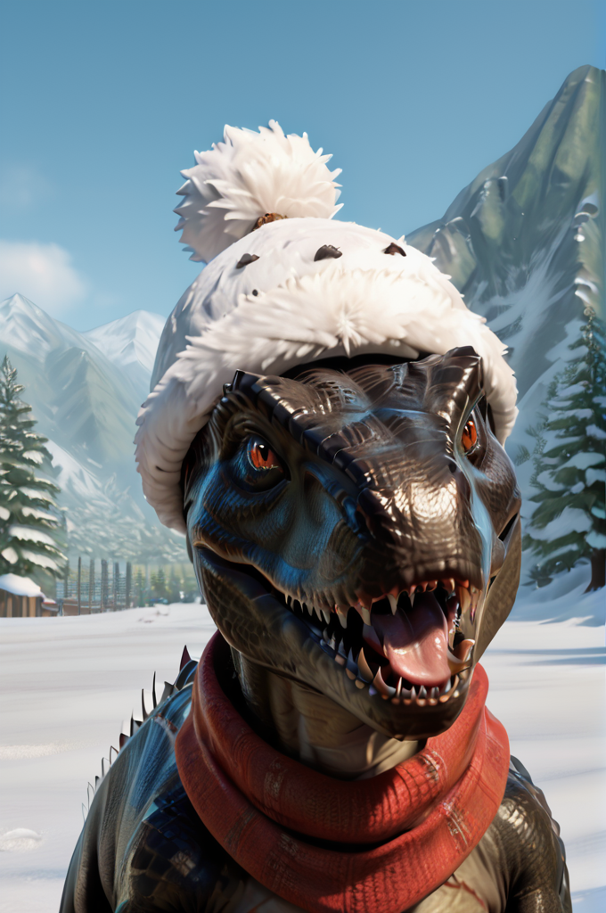 source_furry, score_9, score_8_up, score_7_up, (indoraptor_jwe, dinosaur, feral), scalie, black scales, detailed scales, (white marks), white stripes, amber eyes, detailed eyes, teeth, sharp teeth, claws, tail, <lora:JWE_IndoraptorPony10:0.8>, outdoors, snow, building a snowman, holding a snowman, red winter hat, scarf, looking happy, smile, tongue out, zPDXL2, zPDXLpg, zPDXLrl, best quality, highly detailed, extreme details, masterpiece, photorealistic, hyperrealistic, ultra realistic, hdr, 4k, uhd, ray tracing, shaded