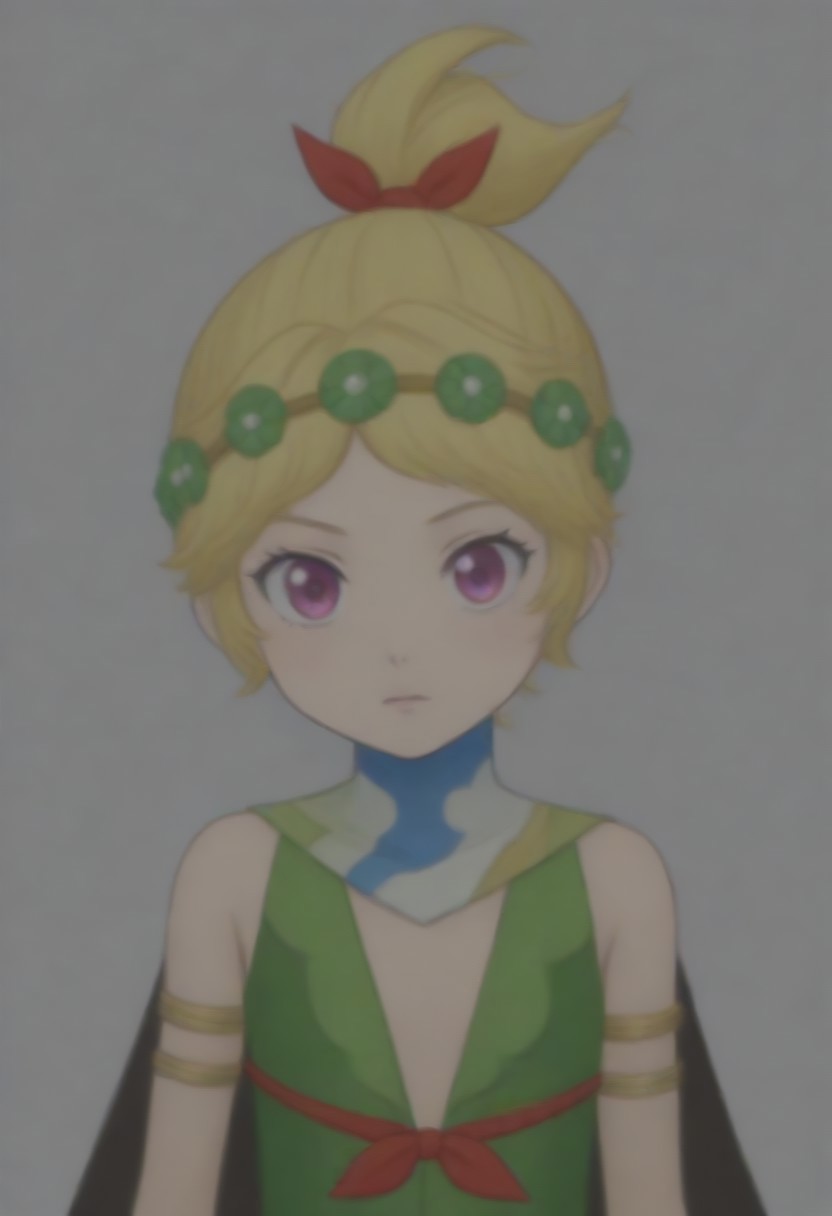 source_anime, anime screencap, source_anime, auratheguillotine, anime screencap, masterpiece, source_anime, shiny skin,,,,,, <lora:zs_DemeterXL:1> demetersmt, blonde hair, ponytail, head wreath, purple eyes, green dress, cleavage, cape, armlet, bracelet,