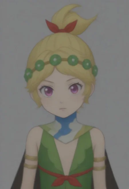 source_anime, anime screencap, source_anime, auratheguillotine, anime screencap, masterpiece, source_anime, shiny skin,,,,,, <lora:zs_DemeterXL:1> demetersmt, blonde hair, ponytail, head wreath, purple eyes, green dress, cleavage, cape, armlet, bracelet,