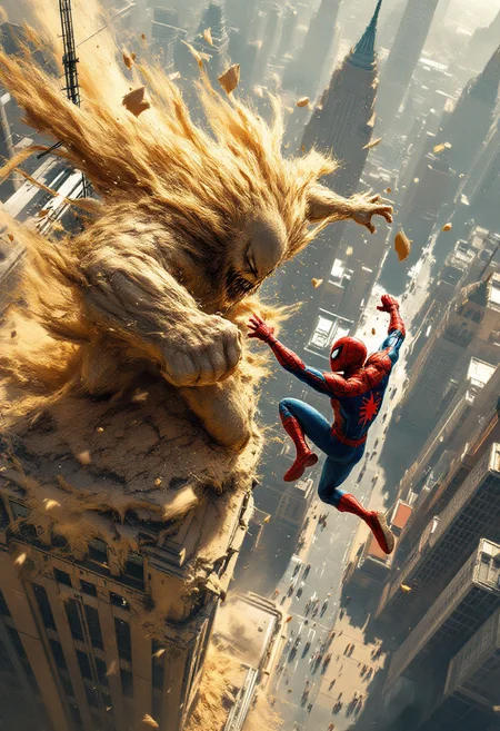 A dynamic image bursts forth, capturing the epic clash between Spiderman and Sandman high atop a skyscraper. In the foreground, Spiderman lunges towards Sandman, his body a blur of red and blue. His web-shooters fire streams of webbing, aiming to ensnare his formidable foe. Sandman roars, his massive, sand-formed fist smashing towards Spiderman. Grains of sand fly everywhere, catching the light and creating a swirling vortex around the combatants. The middle ground reveals the precarious setting: the rooftop of a skyscraper, its edges crumbling under the force of the battle. Antennas sway precariously, and debris plummets towards the city below. The background is a vibrant cityscape, a tapestry of towering buildings and bustling streets, dwarfed by the colossal figures battling above. The lighting is dramatic, with bold contrasts of light and shadow, emphasizing the dynamic action. The composition is a diagonal, high-angle shot, creating a sense of dizzying height and intense movement. The intended emotion is one of thrilling action, suspense, and the awe-inspiring scale of a superhero battle. Emulating the style of classic comic book art, particularly the work of Steve Ditko and Todd McFarlane, the image emphasizes exaggerated anatomy, dynamic poses, and bold colors. Sandman's form has a granular, shifting texture, contrasting with Spiderman's smooth, form-fitting suit.