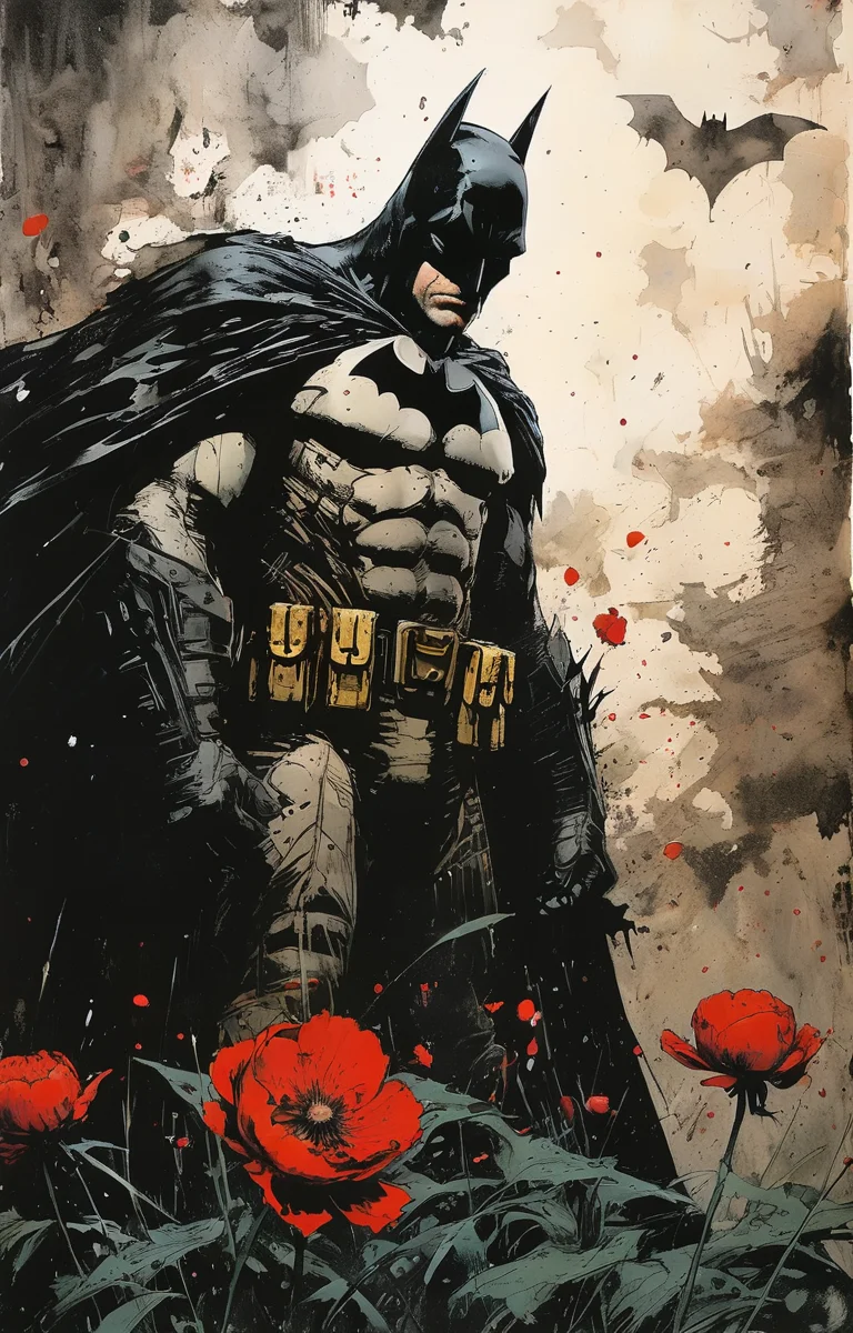 masterpiece,best quality,<lora:tbh236-sdxl:0.8>,illustration,style of Frank Miller,batman decaying peonies