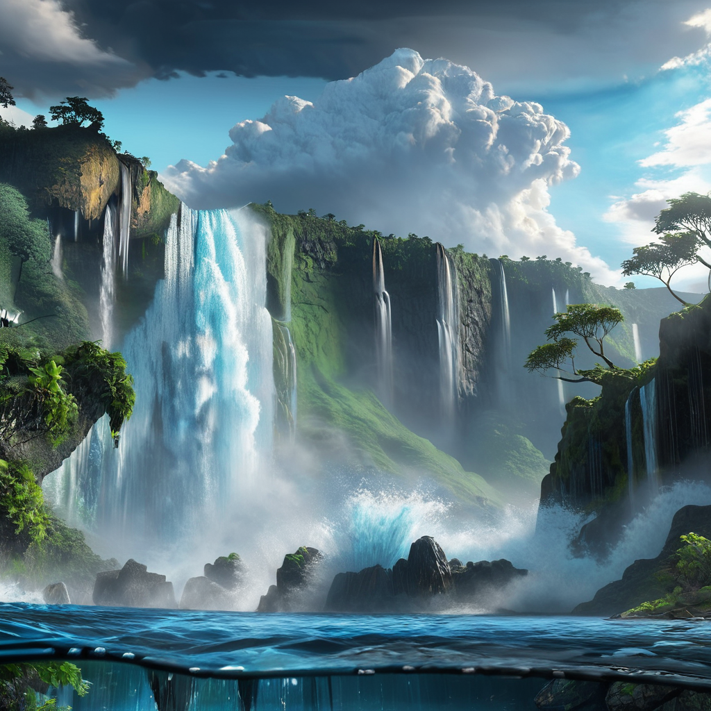 masterpiece,8k,absurd resolution, <lora:farcry_xl:0.81>,
farcry,, scenery, cloud, water, sky, outdoors, no humans, day, mountain, cloudy sky, tree, nature, waterfall, ocean,detailed realistic knife
,reflection, cg rendering, volumetric light,  bioluminescence, unreal engine 5, magic of light,dinamic light,realistic shadows