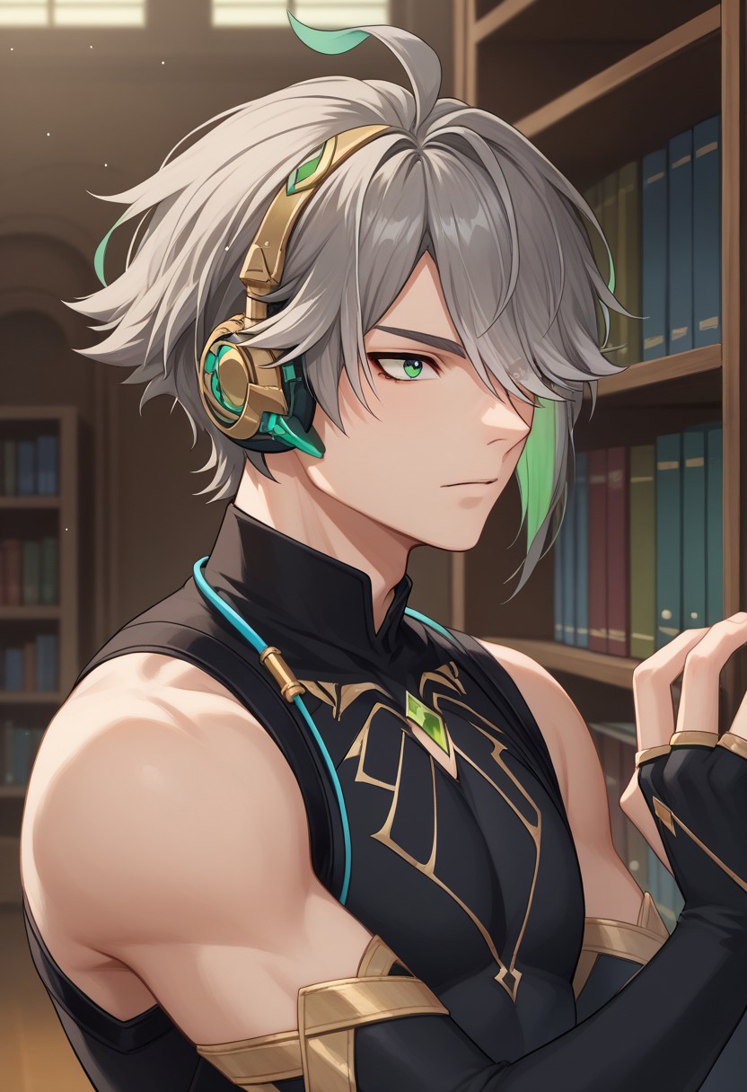 score_9, score_7_up, source_anime
Alhaitham, 1boy, male focus, solo, green eyes, grey hair, streaked hair, short hair, ahoge, swept bangs, hair over one eye, headphones, shirt, black shirt, sleeveless shirt, compression shirt, jewelry, chest jewel, gem, green gemstone, gold trim, elbow gloves, black gloves, partially fingerless gloves,
indoor, library