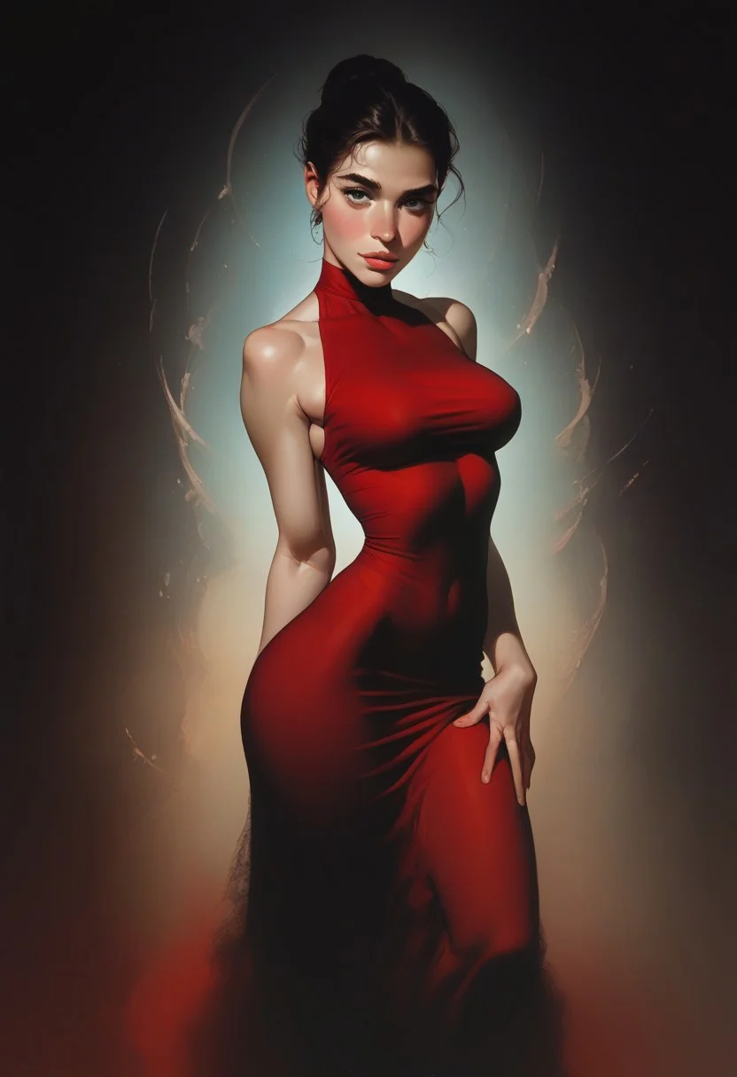 score_9, score_8_up, score_7_up, realistic, a woman, cute perfect face, black hair, nerdy, slicked back hair, very pretty, red intricate slutty dress,
bare pubis, bare belly, bare back,
medium breasts, perfect breasts, hips, thin, tight ponytail, (round face:1.2), pretty smile, cleavage, thick thighs, thick lips, big ass,
leaning back, under boob, looking at viewer, street whore, leaning backwards,
Valejjo Style,