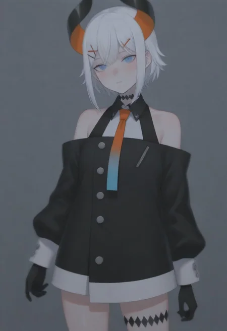 masterpiece, best quality, amazing quality,,, shiny skin,,,,,,,,nijilevi,,blue eyes,white hair,horn,pail skin,short hair,hairclip,nijilevicos,collared shirt,bare shoulder,gradient necktie,puffy long sleeves,white cuffs,black gloves,single thigh strap,