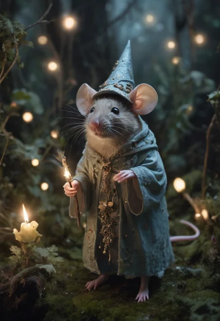 A whimsical photograph of a spellcaster mouse in a miniature enchanted forest, inspired by the works of Tim Walker. Magical realism, tiny robe, wizard hat, glowing wand, mystical runes, bioluminescent fungi, twinkling fairy lights, misty atmosphere, textured fur, curious eyes, intricate details, rich colors, soft focus, enchanted plants, dreamy lighting, fantastical scene.