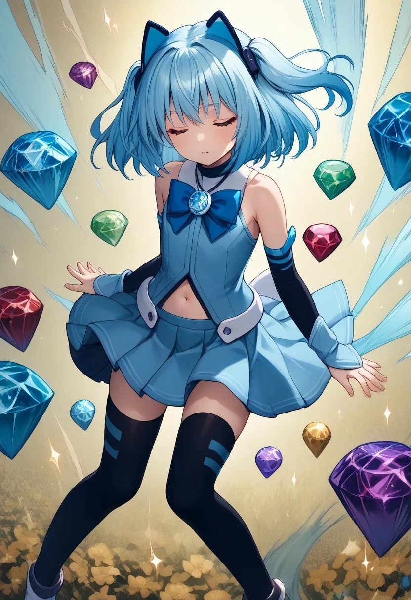 1000-chan, blue hair,  animal ears, cat ears, closed eyes, short hair, two side up, gradient hair, hair ornament, flatchest, 
blue bow, bare shoulders, arm warmers, white anklet, blue sleeves, navel cutout, pleated skirt, blue skirt, zettai ryouiki,black thighhighs, blue thigh boots, chaoes emerald, gemstone, gemstones, red gemstone, green gemstone, blue gemstone,
floating, flying, parted lips, 
yellow background, particle effects, score_9, score_8_up, score_7_up, score_6_up, score_5_up, BREAK source_anime, best quality,very aesthetic, zPDXL2,official art,1girl, solo,