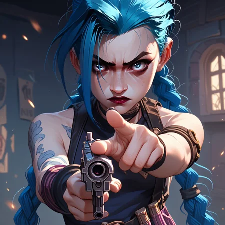 score_9, score_8_up, score_7_up, score_6_up, score_5_up, score_4_up, 1girl, JinxPowder, very long double braids, pointing a gun
