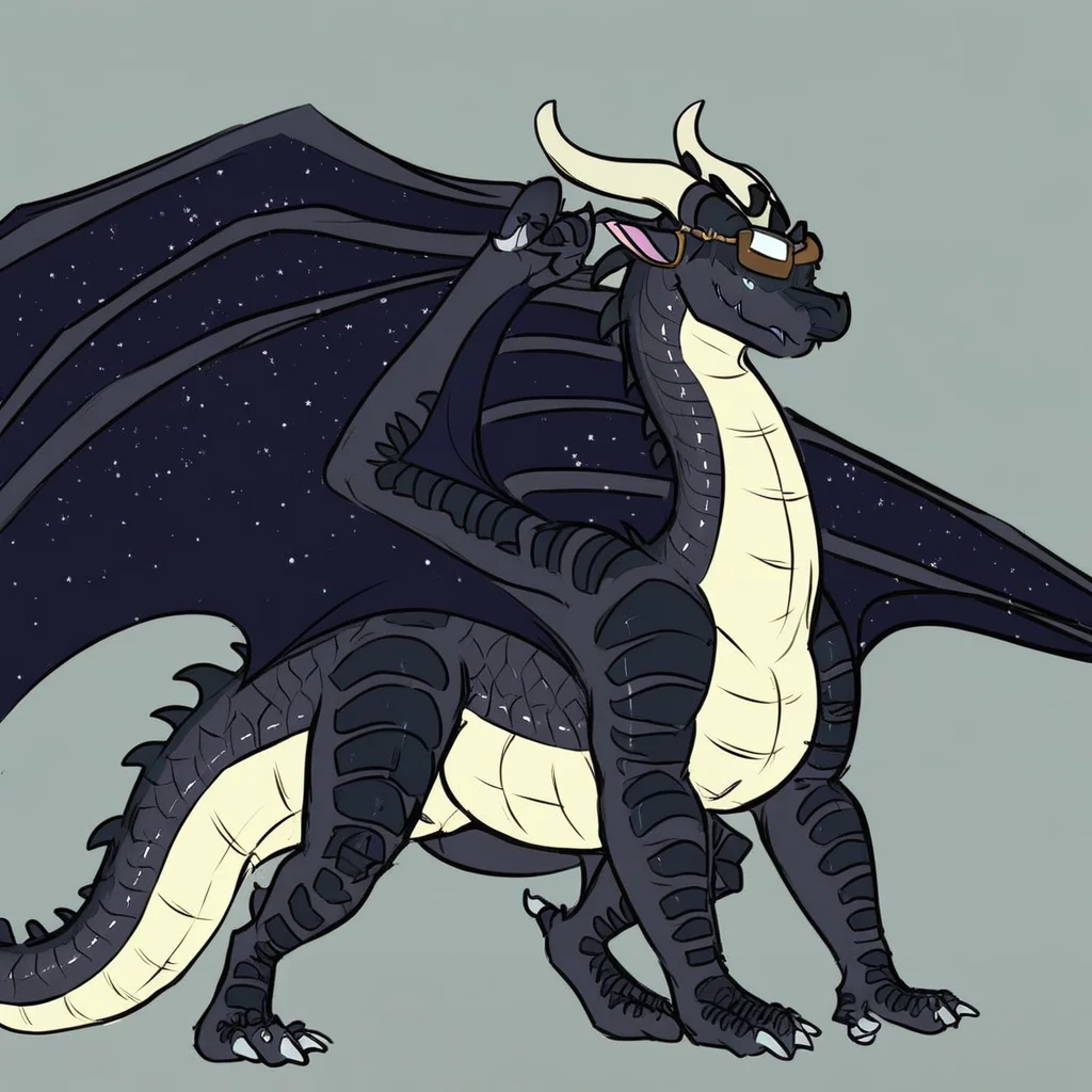 Nightwing, black scales, wings, dragon, horns, claws, starry wings, goggles on head, standing on all fours, forest background fours,