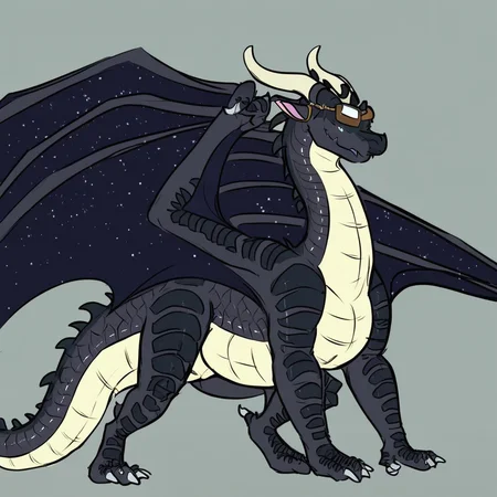 Nightwing, black scales, wings, dragon, horns, claws, starry wings, goggles on head, standing on all fours, forest background fours,